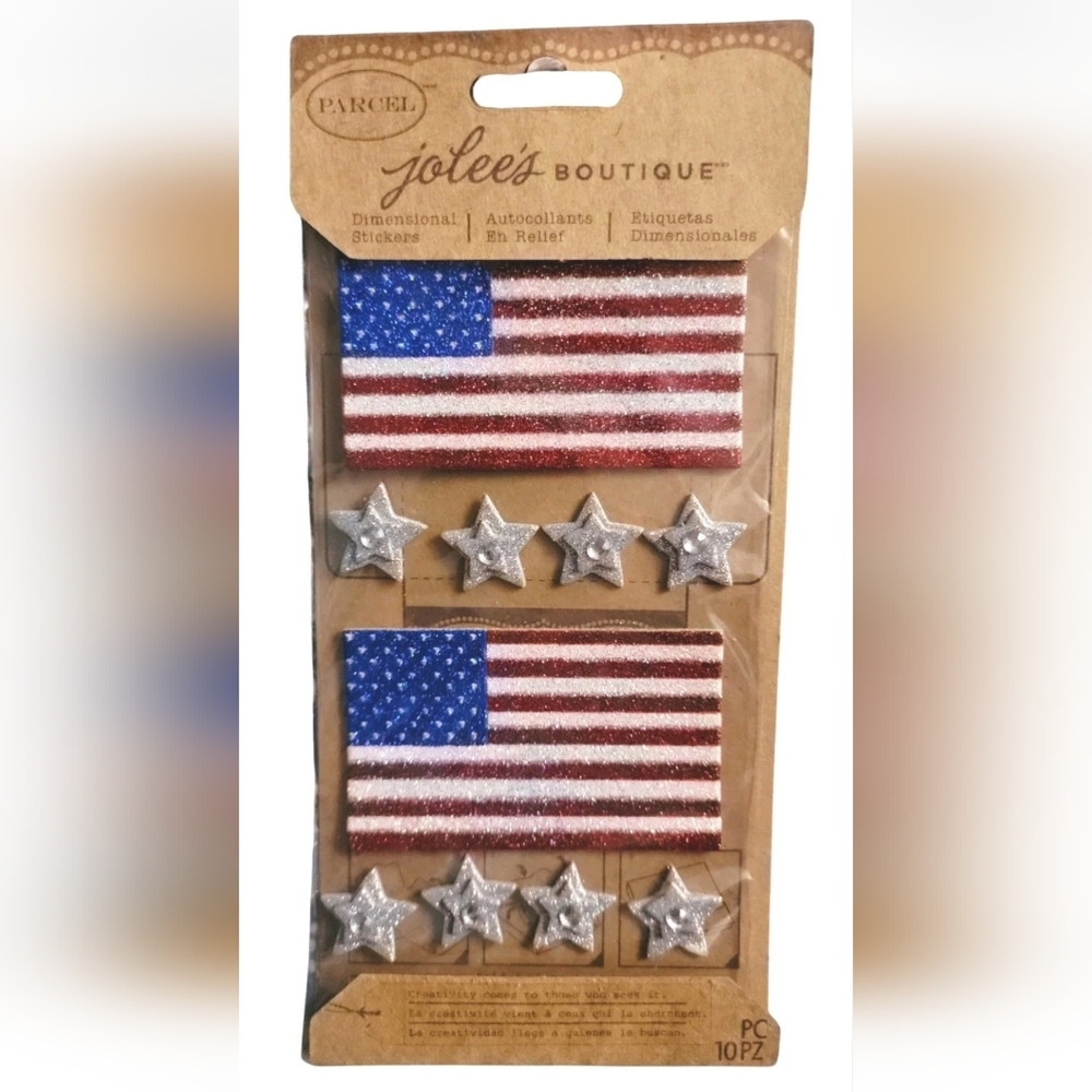 Jolee's Dimensional Stickers Glitter American Flags Silver Stars 10pc 4th July